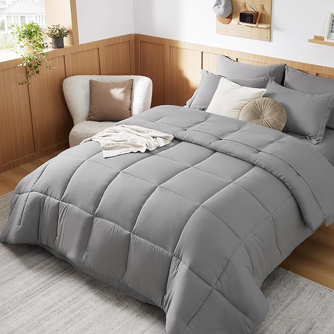 Bedsure Queen Bedding Comforter Set - 7 Pieces Solid Grey Bed in a Bag Queen, Bed Set Queen with Quilted Fluffy Comforters, Sheets, Pillowcases & Shams - LeafyLoom