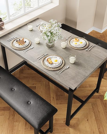 GAOMON Dining Table Set for 4, Kitchen Table with Benches, Rectangular Dining Room Table Set with 2 Upholstered Benches, 3 Piece Kitchen Table Set for Small Space, Apartment, Studio, Retro Grey - LeafyLoom