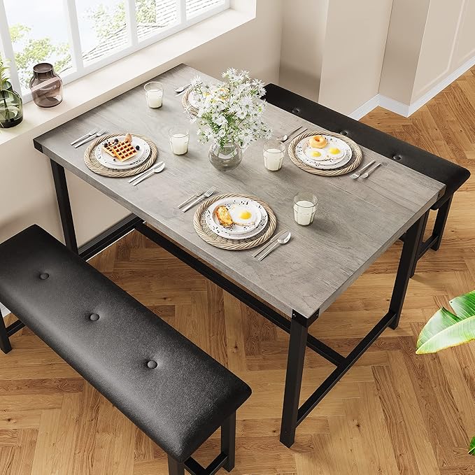 GAOMON Dining Table Set for 4, Kitchen Table with Benches, Rectangular Dining Room Table Set with 2 Upholstered Benches, 3 Piece Kitchen Table Set for Small Space, Apartment, Studio, Retro Grey - LeafyLoom