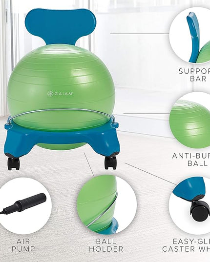 Gaiam Kids Balance Ball Chair - Classic Children's Stability Ball Chair, Alternative School Classroom Flexible Desk Seating for Active Students with Satisfaction Guarantee, Blue/Green - LeafyLoom