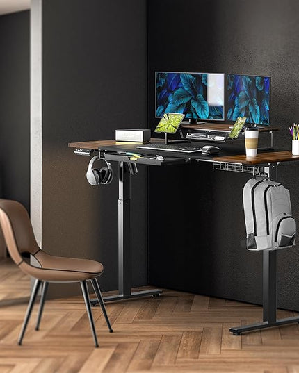 SHW 62-Inch Extra Large Electric Height Adjustable Standing Desk with Monitor Riser and Drawer, 62 x 28 Inches, Walnut - LeafyLoom
