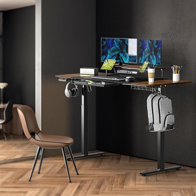 SHW 62-Inch Extra Large Electric Height Adjustable Standing Desk with Monitor Riser and Drawer, 62 x 28 Inches, Walnut - LeafyLoom