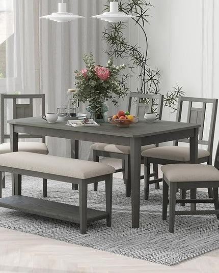 6-Piece Wooden Minimalist Dining Table Set with 4 Upholstered Chairs & 1 Bench with a Shelf for Kitchen Room Furniture, Dark Gray, 60" L x 43" W x 30" H - LeafyLoom