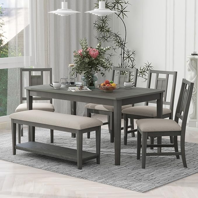6-Piece Retro Dining Set, Minimalist Rectangular Table and 4 Upholstered Chairs & 1 Bench with a Shelf for Kitchen Living Room, Dark Gray, 60" L x 43" W x 30" H - LeafyLoom