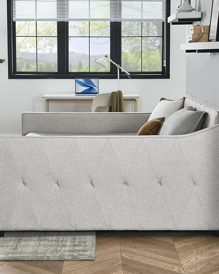 Queen Size Upholstered Tufted Daybed with Two Pull Out Drawers Bed, Button Polyester on Back, Waved Shape Arms for Bedroom, Living Room,No Need Boxing Spring - LeafyLoom