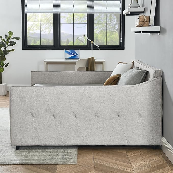 Queen Size Upholstered Tufted Daybed with Two Pull Out Drawers Bed, Button Polyester on Back, Waved Shape Arms for Bedroom, Living Room,No Need Boxing Spring - LeafyLoom
