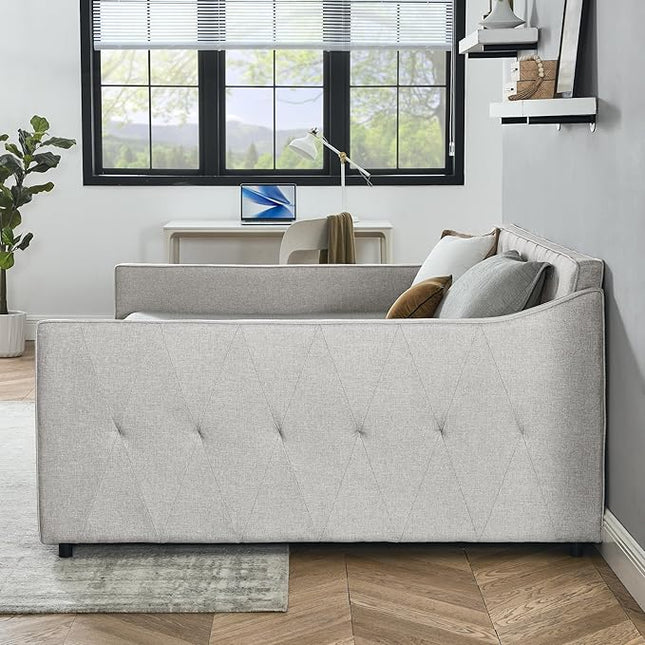 Queen Size Upholstered Tufted Daybed with Two Pull Out Drawers Bed, Button Polyester on Back, Waved Shape Arms for Bedroom, Living Room,No Need Boxing Spring - LeafyLoom
