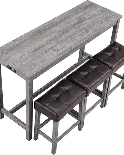 RITSU 4 Piece Bar Power Outlet, Bistro Table & Chairs, Dining Sets, 3 Upholstered Stools, for Living Room, Kitchen, Farmhouse, Brown + Light Gray - LeafyLoom