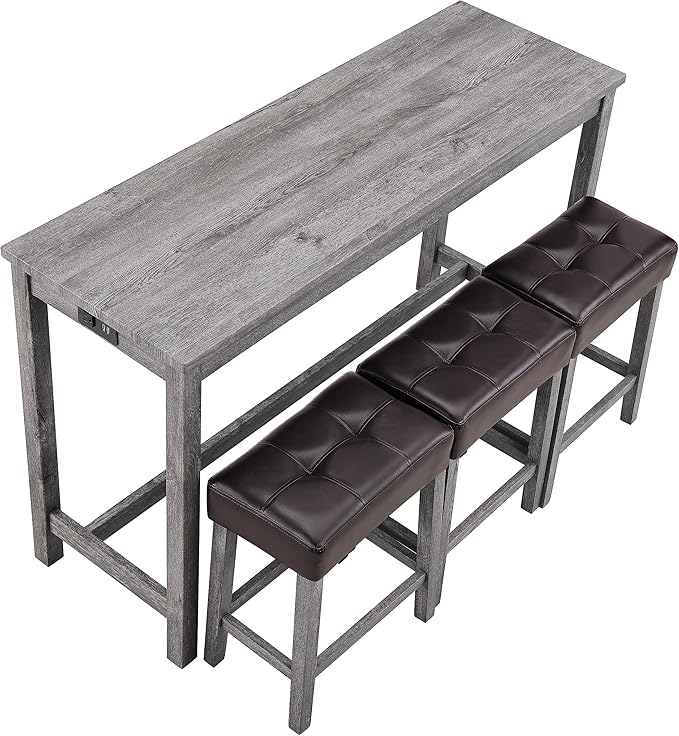 RITSU 4 Piece Bar Power Outlet, Bistro Table & Chairs, Dining Sets, 3 Upholstered Stools, for Living Room, Kitchen, Farmhouse, Brown + Light Gray - LeafyLoom