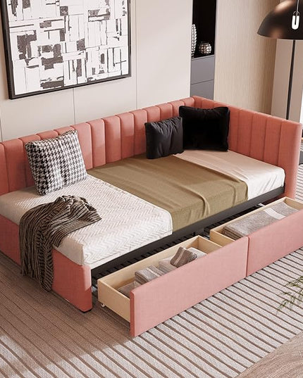Twin Size Upholstered Daybed with 2 Storage Drawers,Solid Wood Sofa Bed Frame W/Linen Fabric Backrest,No Box Spring Needed,for Living Room Bedroom Apartment Pink - LeafyLoom