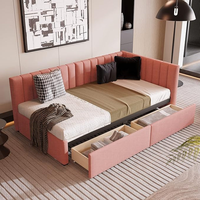 Twin Size Upholstered Daybed with 2 Storage Drawers,Solid Wood Sofa Bed Frame W/Linen Fabric Backrest,No Box Spring Needed,for Living Room Bedroom Apartment Pink - LeafyLoom