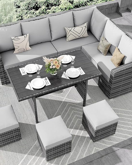IDEALHOUSE 7 Pieces Outdoor Dining Set,Patio Sectional Sofa Conversation Set All Weather Wicker Rattan Couch Dining Table & Chair with Ottoman Grey - LeafyLoom