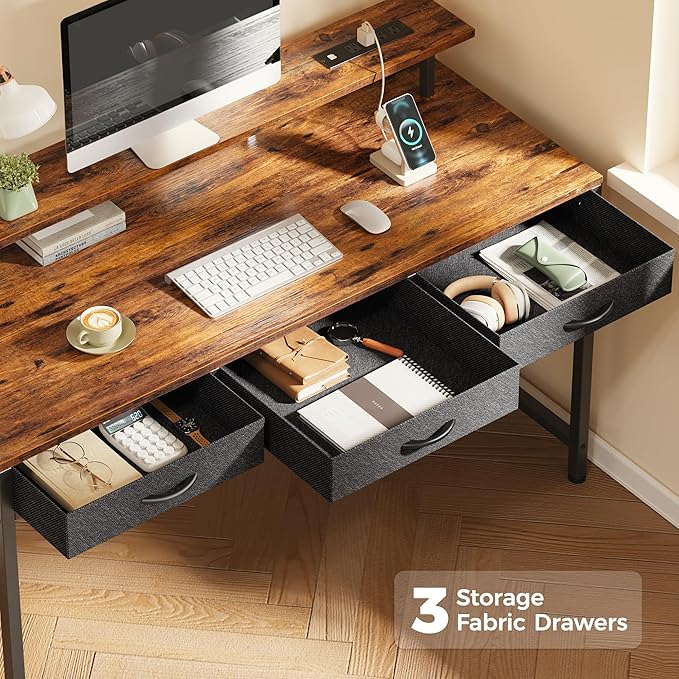 55 inch Computer Desk with 3 Drawers, Office Desk Gaming Desk with LED Lights & Power Outlets, Home Office Desks with Storage Space for Bedroom, Work from Home, Rustic Brown - LeafyLoom
