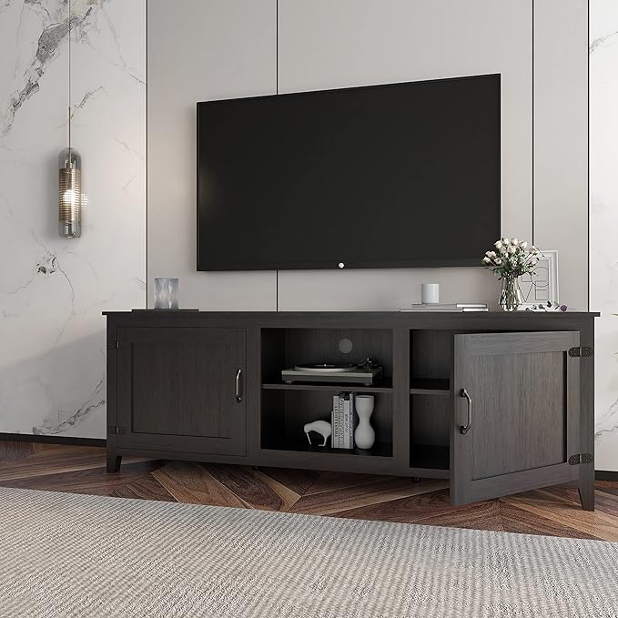 NicBex TV Stand for 60 Inch TV TV Console Table with 2 Doors and 4 Open Storage Compartments Cabinet for TV Box,Entertainment Center with Storage for Living Room,Bedroom,70.08 Inch,Black - LeafyLoom