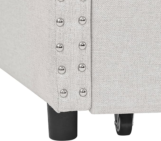 Twin Size Daybed with 2 Storage Drawers,Linen Upholstered Sofa Bed W/Button on Back & Copper Nail on Waved Shape Armrests,No Spring Box Need,Wood Bedframe for Living Room Bedroom Dorm,Beige - LeafyLoom