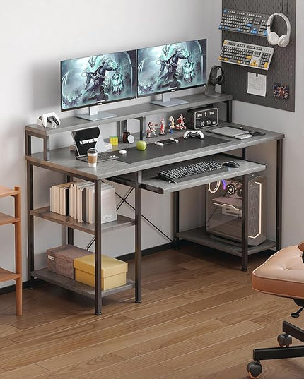 VERMESS Computer Desk- 48 Inch Home Office Desk with Keyboard Tray, 47" Gaming Desk with Full Monitor Stand & Storage Shelves & CPU Stand, Modern Study Writing Table with Shelf for Storage, Gray Oak - LeafyLoom