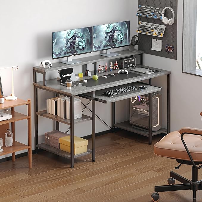 VERMESS Computer Desk- 48 Inch Home Office Desk with Keyboard Tray, 47" Gaming Desk with Full Monitor Stand & Storage Shelves & CPU Stand, Modern Study Writing Table with Shelf for Storage, Gray Oak - LeafyLoom