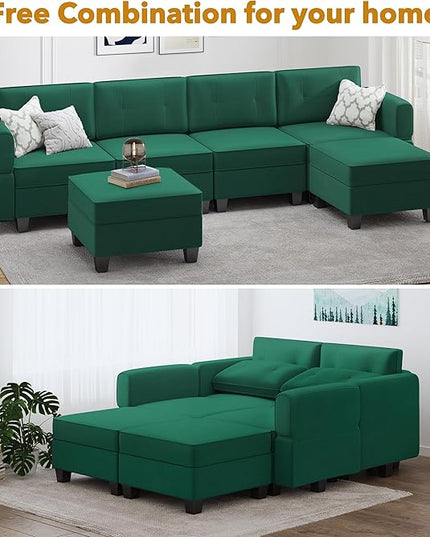 Modular Sectional Sofa, Convertible Sectional Couches for Living Room U Shaped Sectional Sofa Couch with Storage Ottoman, High Supportive 6 Seats Reversible Sectionals 113'' with Chaise, Green - LeafyLoom