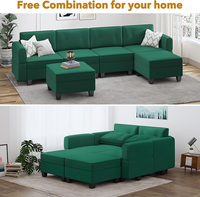 Modular Sectional Sofa, Convertible Sectional Couches for Living Room U Shaped Sectional Sofa Couch with Storage Ottoman, High Supportive 6 Seats Reversible Sectionals 113'' with Chaise, Green - LeafyLoom