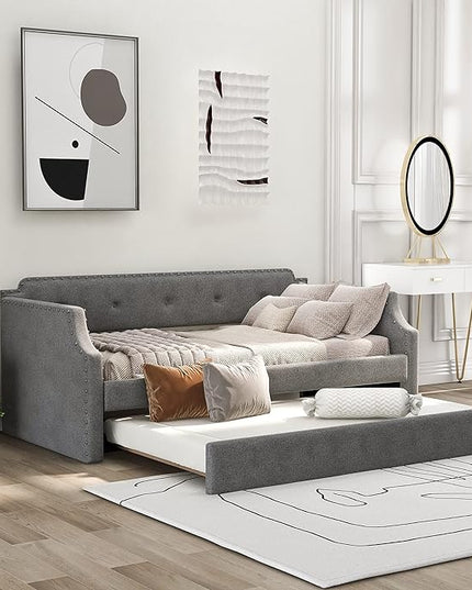 Twin Size Linen Upholstered Daybed with Trundle,Wooden Frame Armrests Bed,W/Wood Slat Support,Arched Back & Nailhead Trim,for Kids,Dorms and Guest Bedrooms,Gray - LeafyLoom