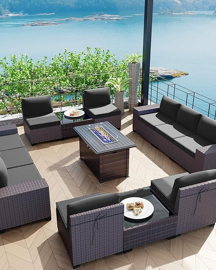 Kullavik 13 Pieces Outdoor Patio Furniture Set with 43" 55000BTU Gas Propane Fire Pit Table PE Wicker Rattan Sectional Sofa Patio Conversation Sets,Black - LeafyLoom
