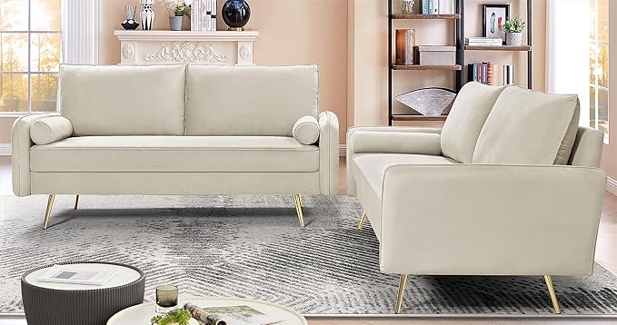 Kent Modern Sofa, European Style Velvet Living Room Furniture with Tapered Legs, Vintage Flair, and Sleek Design, Ivory - LeafyLoom