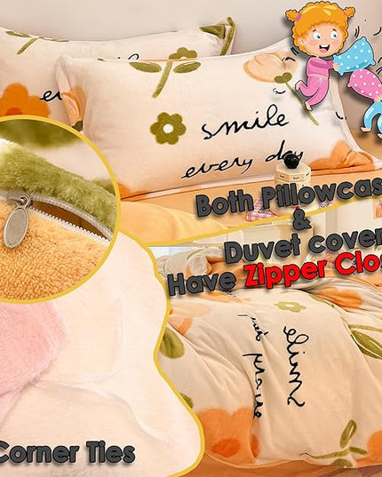 MorroMorn Twin Bedding Sets, Orange Floral Duvet Cover Set, Fluffy Comforter Covers Blanket Ultra Soft Cute Flowers for Girls Kids Toddler Teen Preppy Dorm Twin/Twin XL Size - LeafyLoom