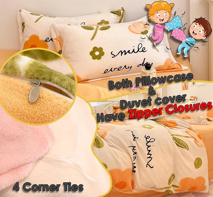 MorroMorn Queen Duvet Cover Orange Flowers, Floral Bedding Sets, Plush Fluffy Comforter Covers Set, Down Alternative Blanket Ultra Soft for Girls Kids Teen Women Full Double Size - LeafyLoom