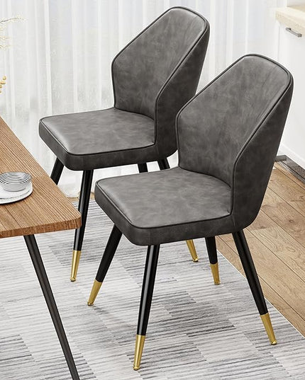 Faux Leather Dining Chairs Set of 2, Grey Mid Century Modern Kitchen Dining Room Chairs Upholstered Armless Accent Side Chairs with Metal Legs - LeafyLoom