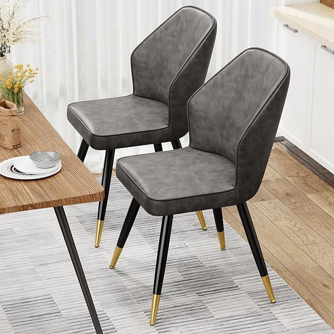 Faux Leather Dining Chairs Set of 2, Grey Mid Century Modern Kitchen Dining Room Chairs Upholstered Armless Accent Side Chairs with Metal Legs - LeafyLoom