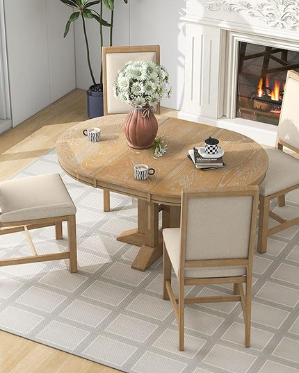 5-Piece Farmhouse Wood Dining Set with Extendable Round Table and 4 Upholstered Chairs for Kitchen, Breakfast Nook, Living Room, Natural, 42"-56" L x 42" W x 30" H - LeafyLoom