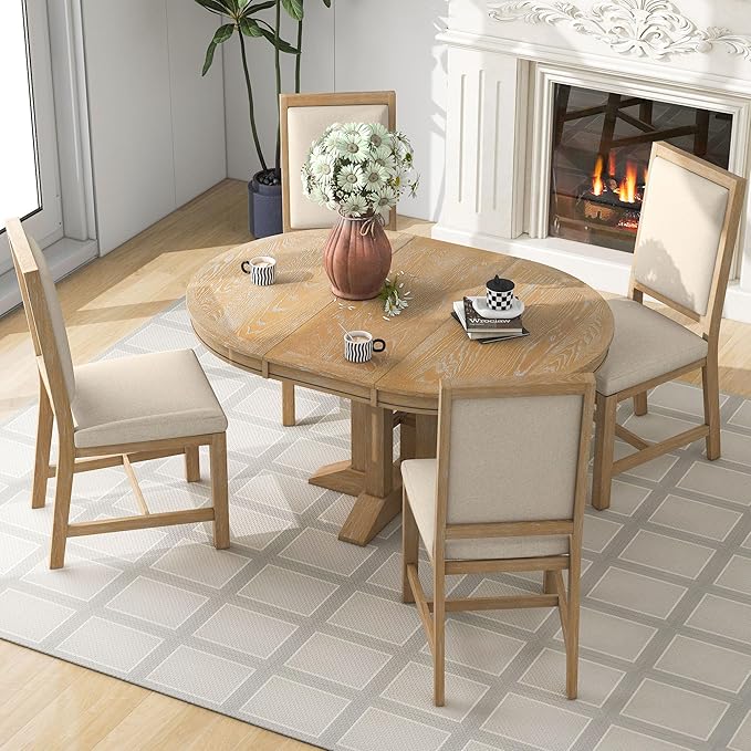 5-Piece Farmhouse Wood Dining Set with Extendable Round Table and 4 Upholstered Chairs for Kitchen, Breakfast Nook, Living Room, Natural, 42"-56" L x 42" W x 30" H - LeafyLoom