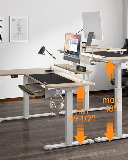 EUREKA ERGONOMIC Standing Desk Adjustable Height 61" Electric Sit Stand Computer Desk L Shaped with Keyboard Tray,Monitor Stand &LED, Dual Motor Memory Presets Sit to Desk Adjustable Desk, Right/Maple - LeafyLoom