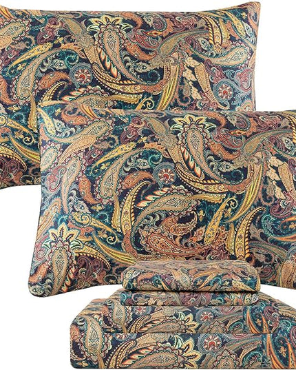 QSH Boho Sheets King Size - Bohemian Bedding Paisley Pattern Printed Bedsheets Sets King Size Bed Sheets 100% Egyptian Cotton 17.5" Extra Deep Pocket 4pcs - LeafyLoom