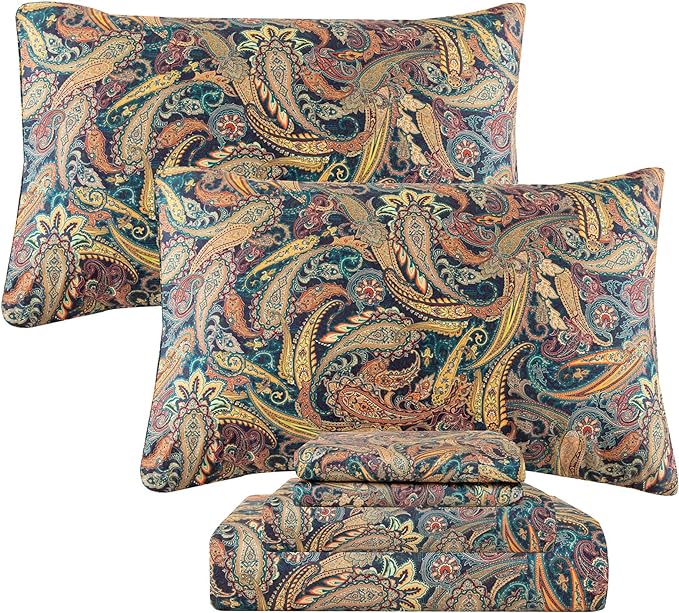 QSH Boho Sheets King Size - Bohemian Bedding Paisley Pattern Printed Bedsheets Sets King Size Bed Sheets 100% Egyptian Cotton 17.5" Extra Deep Pocket 4pcs - LeafyLoom