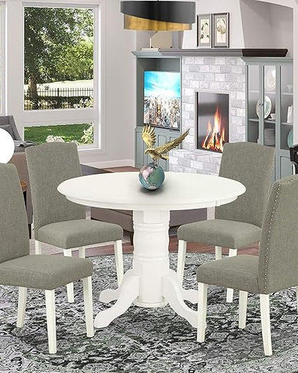 East West Furniture SHEN5-LWH-06 5 Piece Kitchen Set Includes a Round Dining Room Table with Pedestal and 4 Dark Shitake Linen Fabric Upholstered Chairs, 42x42 Inch - LeafyLoom