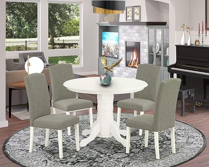 East West Furniture SHEN5-LWH-06 5 Piece Kitchen Set Includes a Round Dining Room Table with Pedestal and 4 Dark Shitake Linen Fabric Upholstered Chairs, 42x42 Inch - LeafyLoom