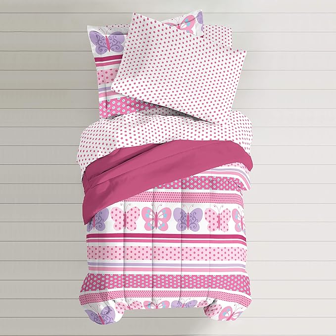 Dream Factory Butterfly Dots Ultra Soft Microfiber Girls Comforter Set, Pink, Full - LeafyLoom