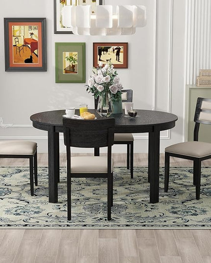 Multifunctional Farmhouse Extendable Round, 2 Small Drawers and 4 Upholstered Chairs, Room, Kitchen, 5 Piece Dining Table Set, Black 20 - LeafyLoom