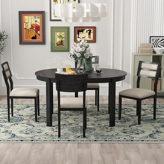Multifunctional Farmhouse Extendable Round, 2 Small Drawers and 4 Upholstered Chairs, Room, Kitchen, 5 Piece Dining Table Set, Black 20 - LeafyLoom