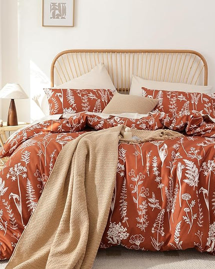 JANZAA Bedding Floral Terracotta Comforter Set Full Size Bed Set with 2 Pillow Cases for All Seasons - LeafyLoom