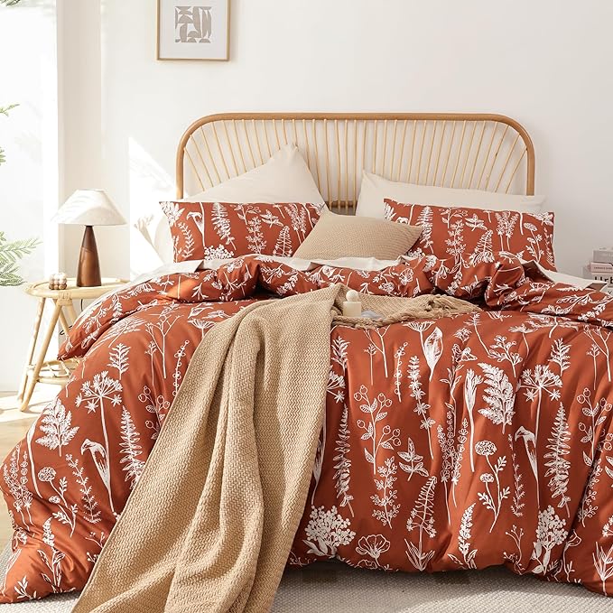 JANZAA 3PCS King Comforter Terracotta Comforter Set Floral Comforter Set White Flower Printed Bedding Set with 2 Pillow Cases for All Season Using - LeafyLoom