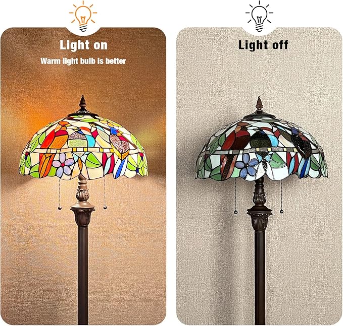 Capulina Tiffany Floor Lamp 2-Light 16X16X66 Inches Cardinal Birds Vintage Style Stained Glass Standing Reading Light for Living Room Bedroom Home Office - LeafyLoom