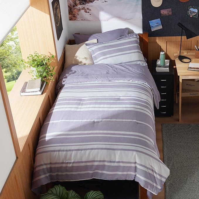 Bedsure Twin XL Comforter Set, Extra Long 5 Pieces Purple Striped Twin XL Bedding Sets, All Season Dorm Room Essentials with 1 Pillow Sham, Flat Sheet, Fitted Sheet and 1 Pillowcase - LeafyLoom