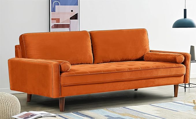 US Pride Furniture Velvet 70" Sofa Couch, Iconic Mid-Century Style Living Room Furniture with Contemporary Silhouette, Button Tufting and Wood Legs, includes 2 Bolster Pillows, Orange - LeafyLoom