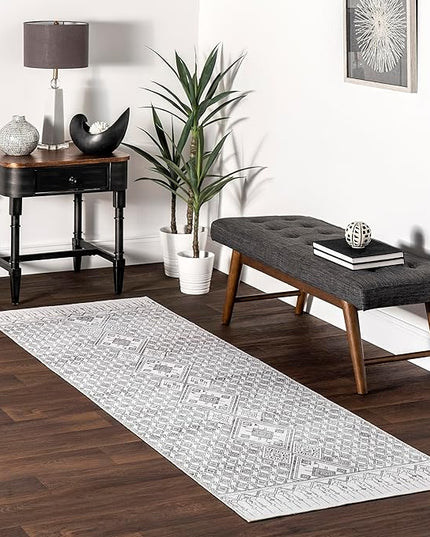 nuLOOM Hettie Transitional Tribal Machine Washable Ultra Thin Runner Rug, 2' 6" x 8', Light Grey - LeafyLoom