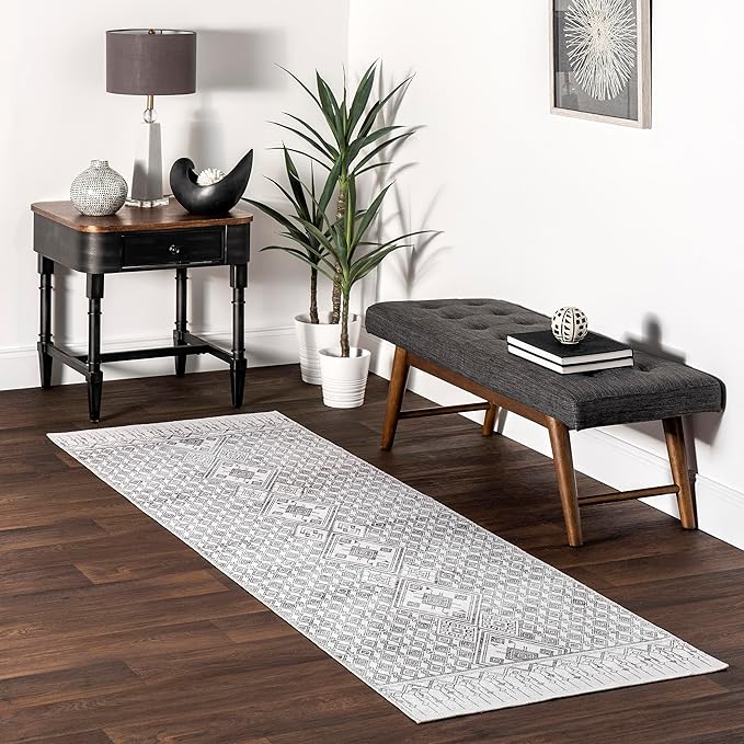 nuLOOM Hettie Transitional Tribal Machine Washable Ultra Thin Runner Rug, 2' 6" x 8', Light Grey - LeafyLoom