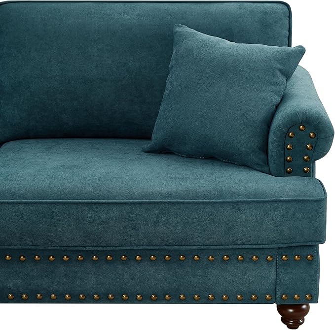 Upholstered 3-Seater Sofa with Rolled Armrest,Modern Couch with Wood Turned Legs and Nailhead Trim Design,for Living Room,Office,Lake Green - LeafyLoom