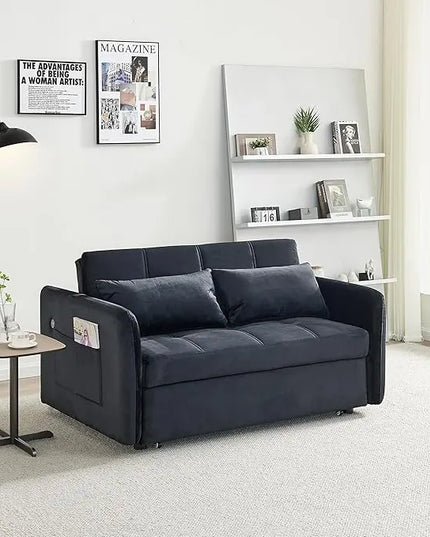 Velvet Tufted Convertible Pull Out Sofa Bed , 3 in 1 Multi-Functional Futon Lounge Chair Sleeper Couch Bed, Pullout Sofá with Adjustable Backrest and USB Ports for Living Room Small Space Apartment - LeafyLoom