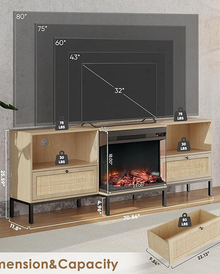 3-Sided Glass Fireplace TV Stand for TVs up to 80", Entertainment Center Electric Fireplace TV Stand with Rattan Drawers Boho Natural - LeafyLoom